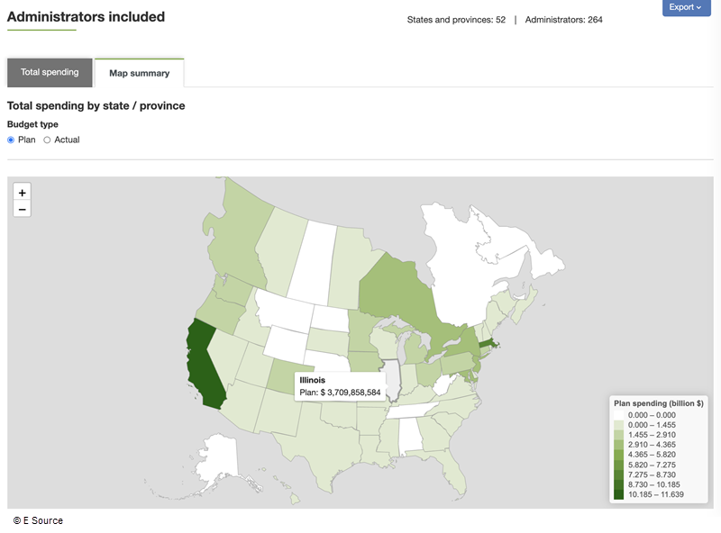 Screenshot of an interactive map available in E Source DSM Insights that allows users to gather information about planned and actual DSM program spending by states and provinces.