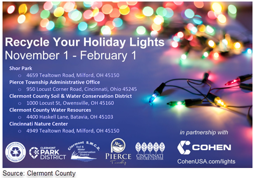Promotional content showing Christmas lights. Text says Recycle your holiday lights. November 1 - February 1. A list of drop-off locations includes Shor Park, Pierce Township Administrative Office, Clermont County Sil and Water Conservation District, Clermont County Water Resources, and Cincinnati Nature Center. Supporters' logos appear at the bottom of the post.