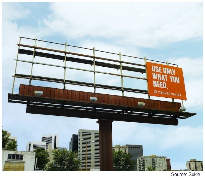 Photo of a billboard with an ad taking up only a corner of the board and reading Use Only What You Need