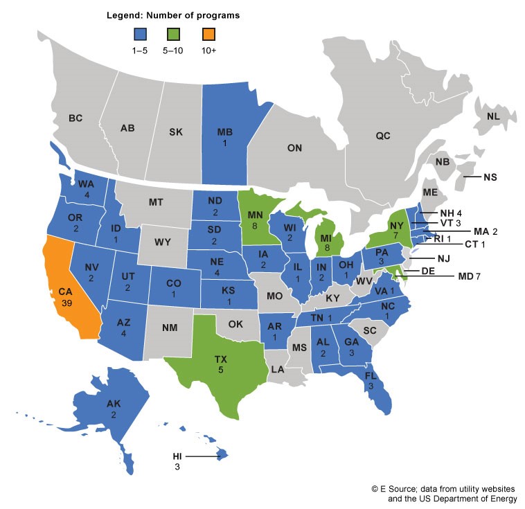 Map showing which states and provinces have an EV program.