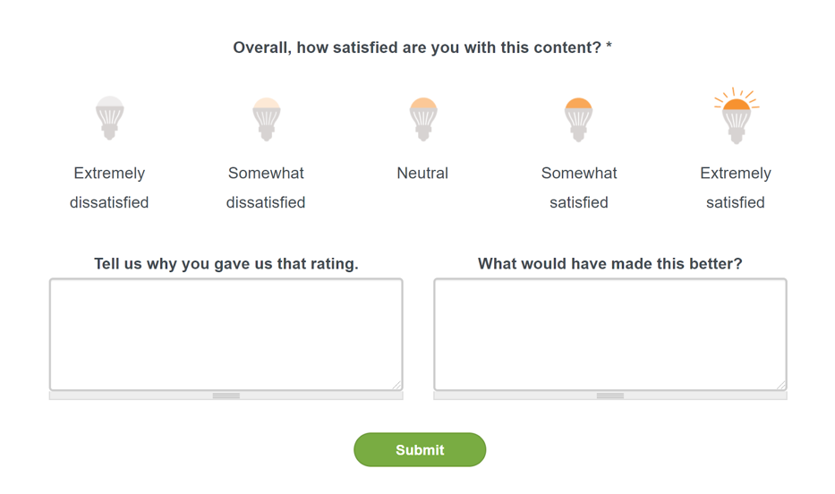 Example image of the new member feedback survey at the end of E Source reports and event recordings.