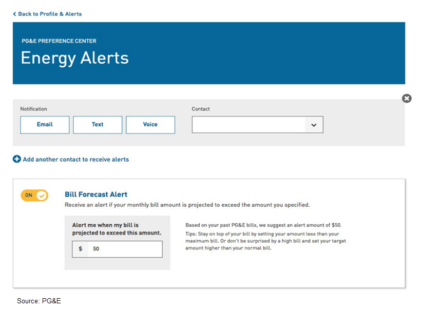 Screenshot of PG&E's preference center showing how customers can enroll in bill forecast alerts, choose their channel, and set their bill threshold.